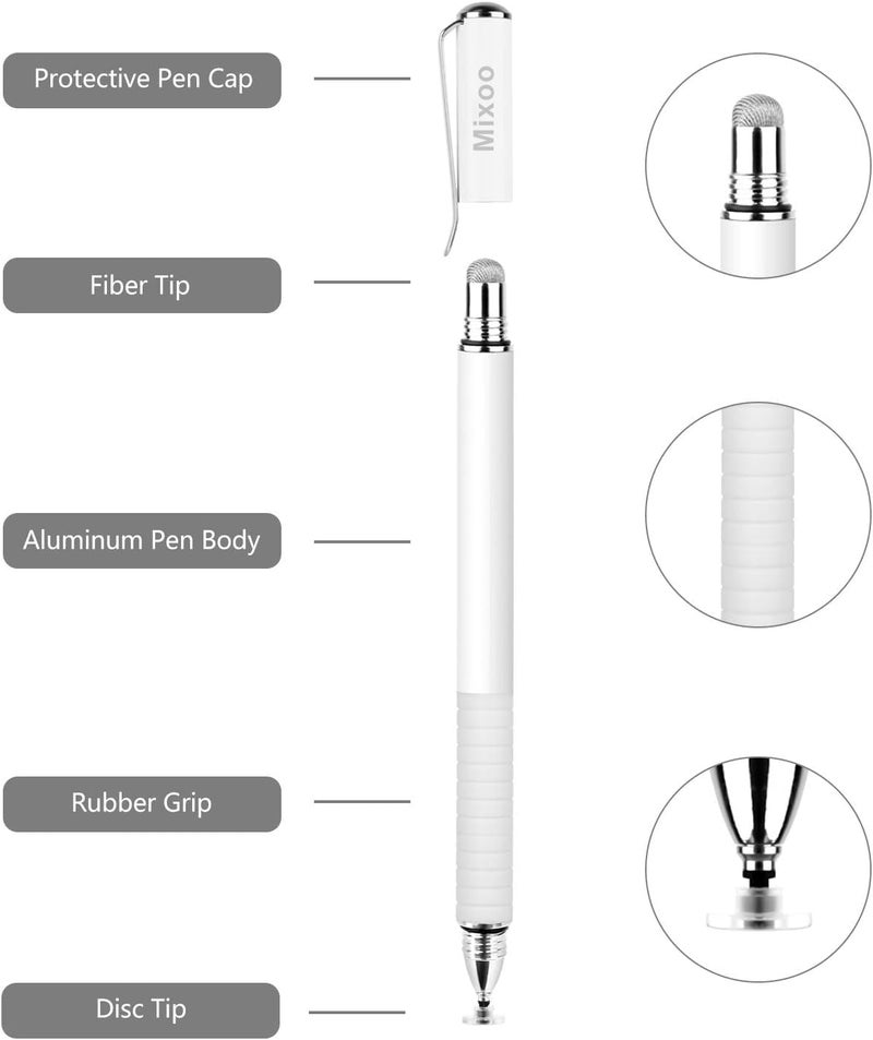 Mixoo Stylus Pens for Touch Screens - Disc & Fiber Tip 2 in 1 High Sensitivity Universal Stylus for iPad, iPhone, Tablets and Other Capacitive Touch Screens (White) - Image 2